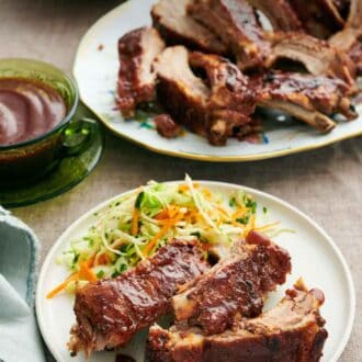 Pinterest graphic of a plate with three pieces of Instant Pot ribs with slaw. A platter of more ribs in the back also with a bowl of sauce.