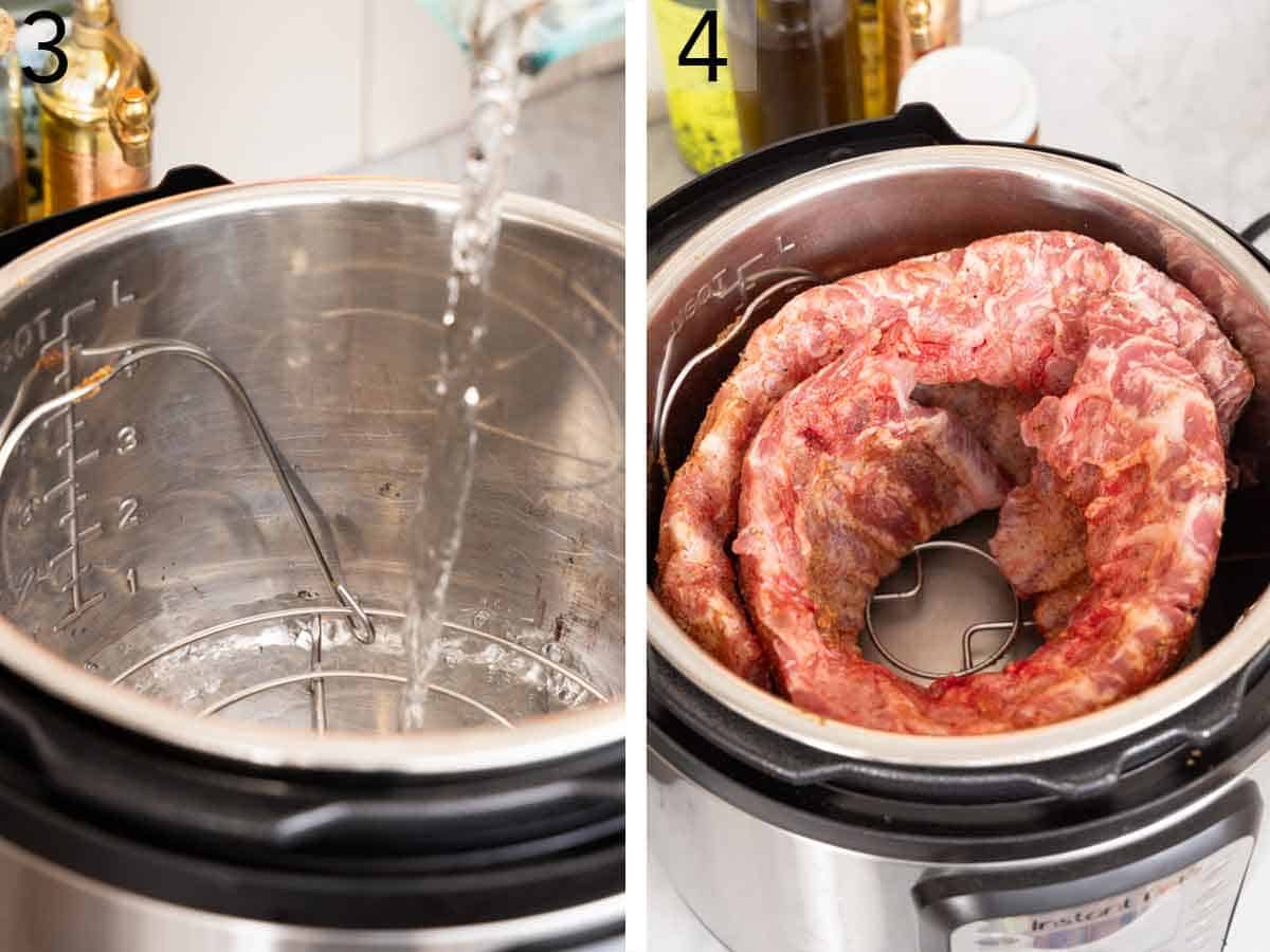 Set of two photos showing water added to the pressure cooker and seasoned racks of ribs added to the pressure cooker.