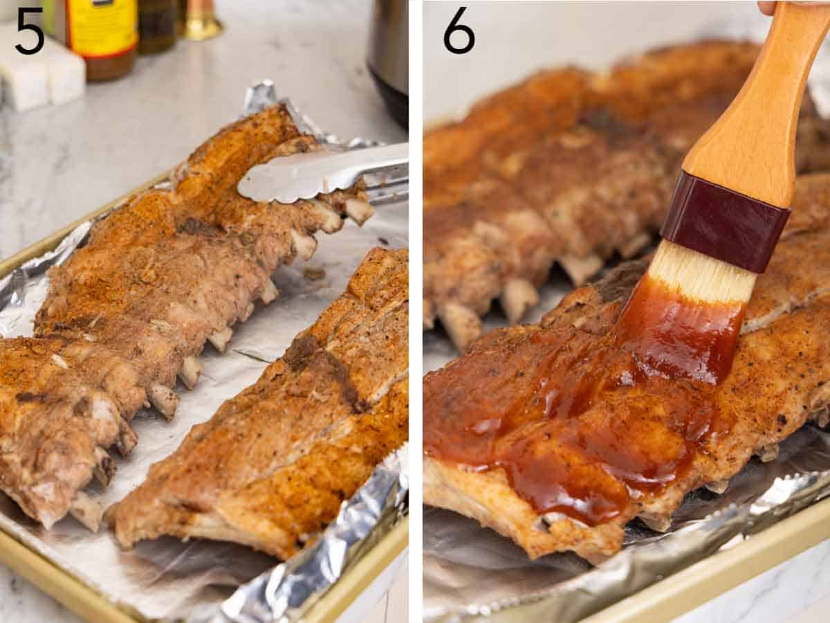 Set of two photos showing the Instant Pot ribs placed onto a lined sheet pan and barbecue sauce brushed on top.