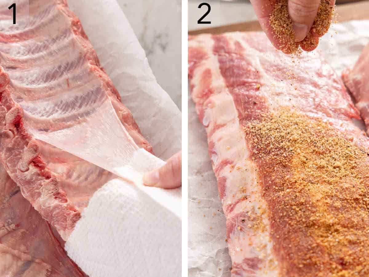 Set of two photos showing the membrane removed from the back of the ribs and spice rub added on top of the meat.
