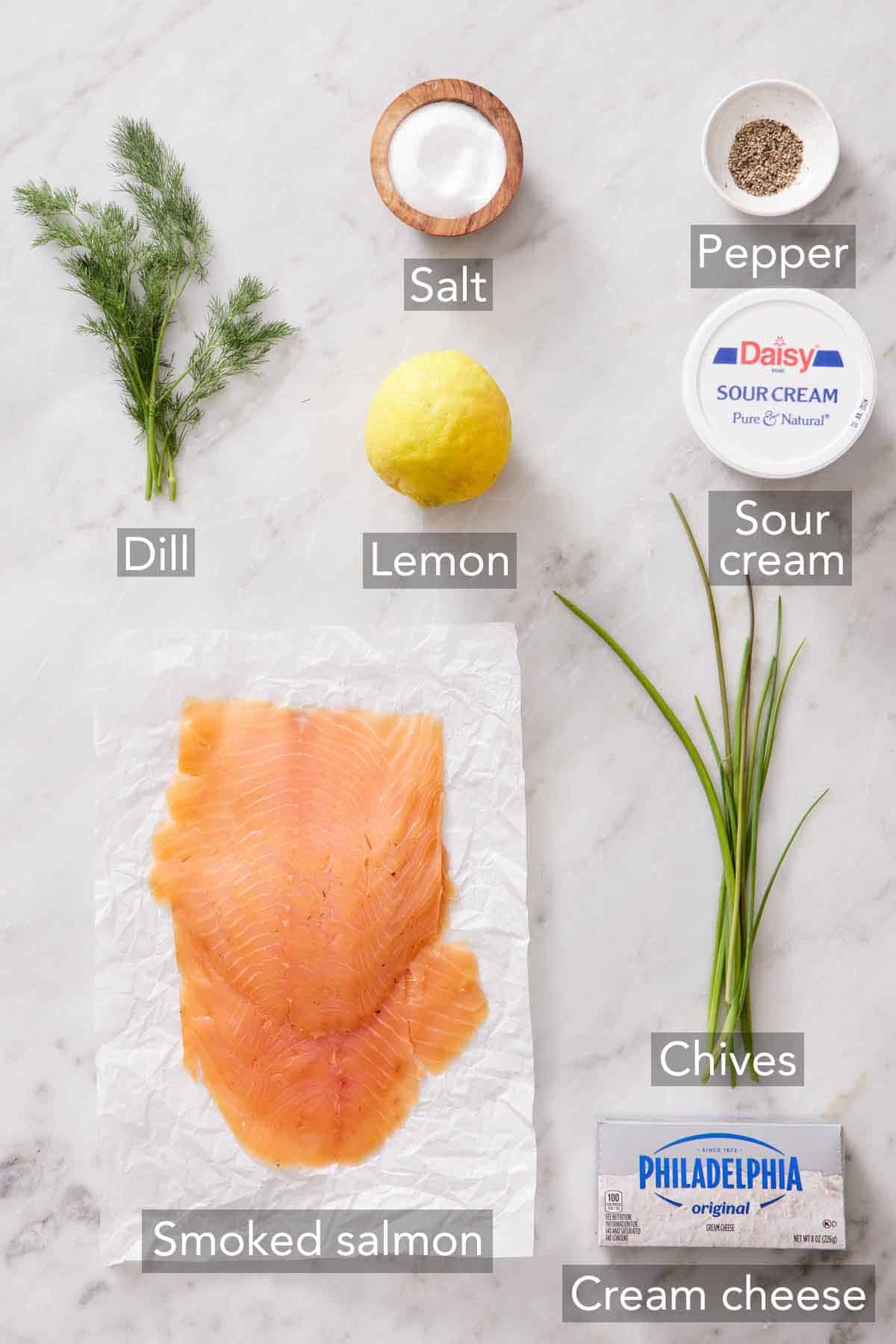 Ingredients needed to make smoked salmon dip.