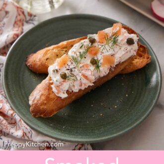Pinterest graphic of a green plate with two pieces of bread topped with smoked salmon dip.