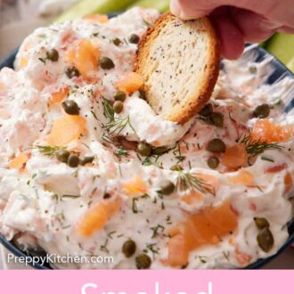 Pinterest graphic of bread dipped in a bowl of smoked salmon dip.
