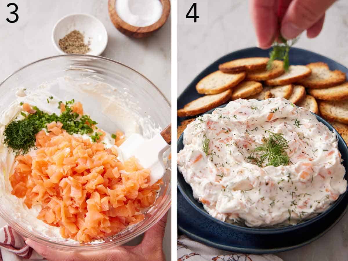 Set of two photos showing smoked salmon, dill, and chives added to the cream cheese mixture and then plated and topped with fresh dill.