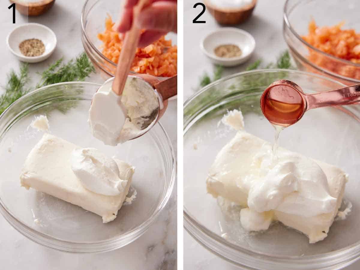 Set of two photos showing sour cream and lemon juice added to a bowl with cream cheese.