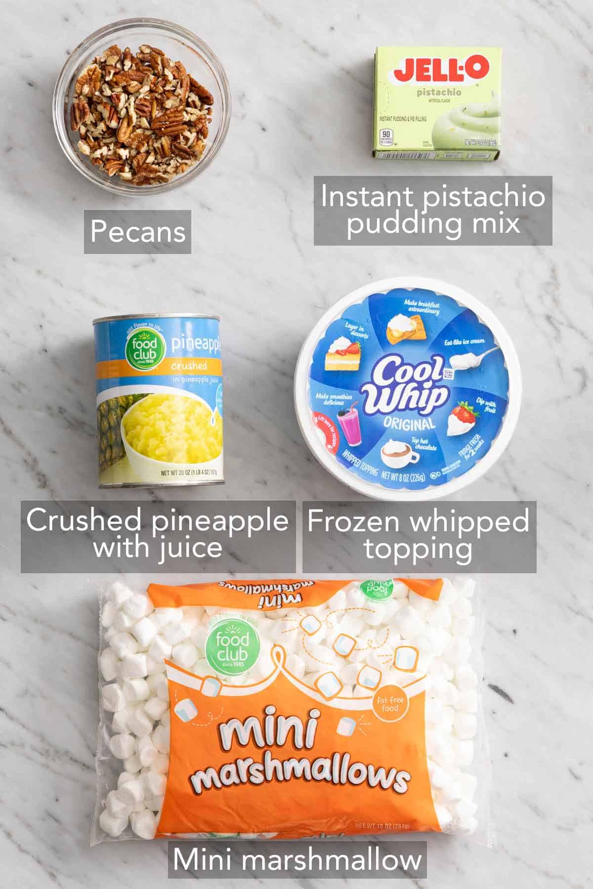 Ingredients needed to make Watergate salad.