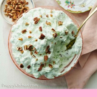 Pinterest graphic of an overhead view of a bowl of Watergate salad with chopped pecans on top with a spoon tucked in. A bowl of pecans and a plated serving on the side.