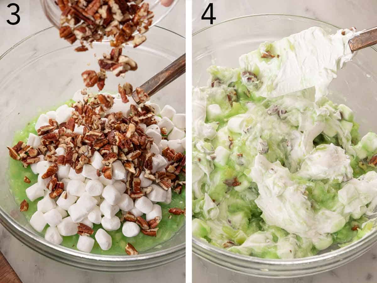 Set of two photos showing mini marshmallows and chopped pecans added to the bowl and mixed.