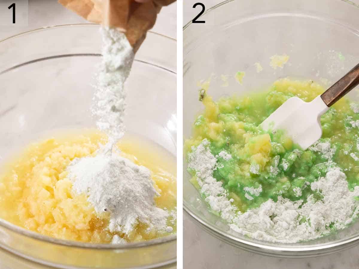 Set of two photos showing instant pudding mix added to a bowl of crushed pineapple with the juices and mixed.