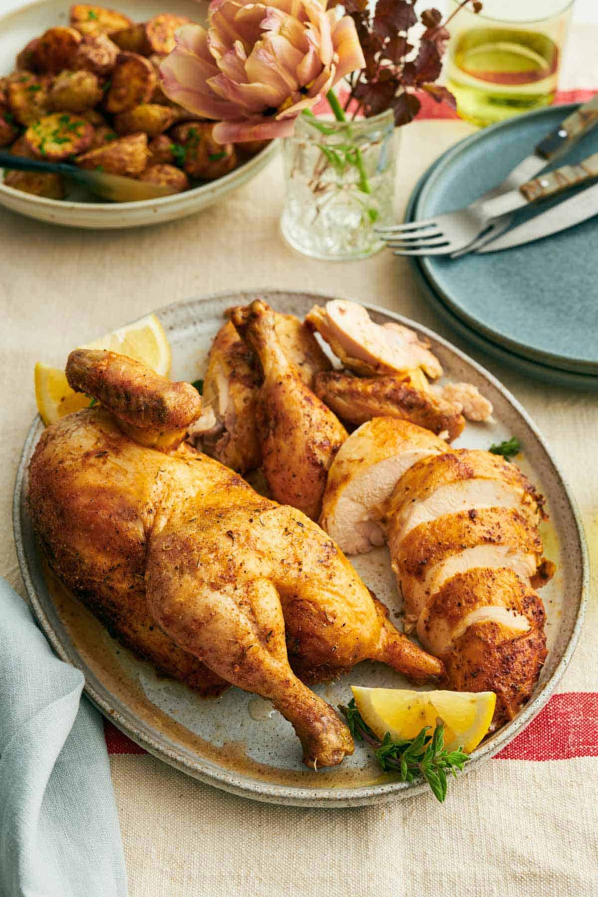 A large platter with a half cut air fryer whole chicken. A stack of plates, forks, and potatoes in the background along with flowers.