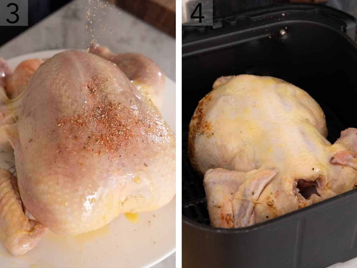 Set of two photos showing seasoning added to the chicken and placed in an air fryer basket.