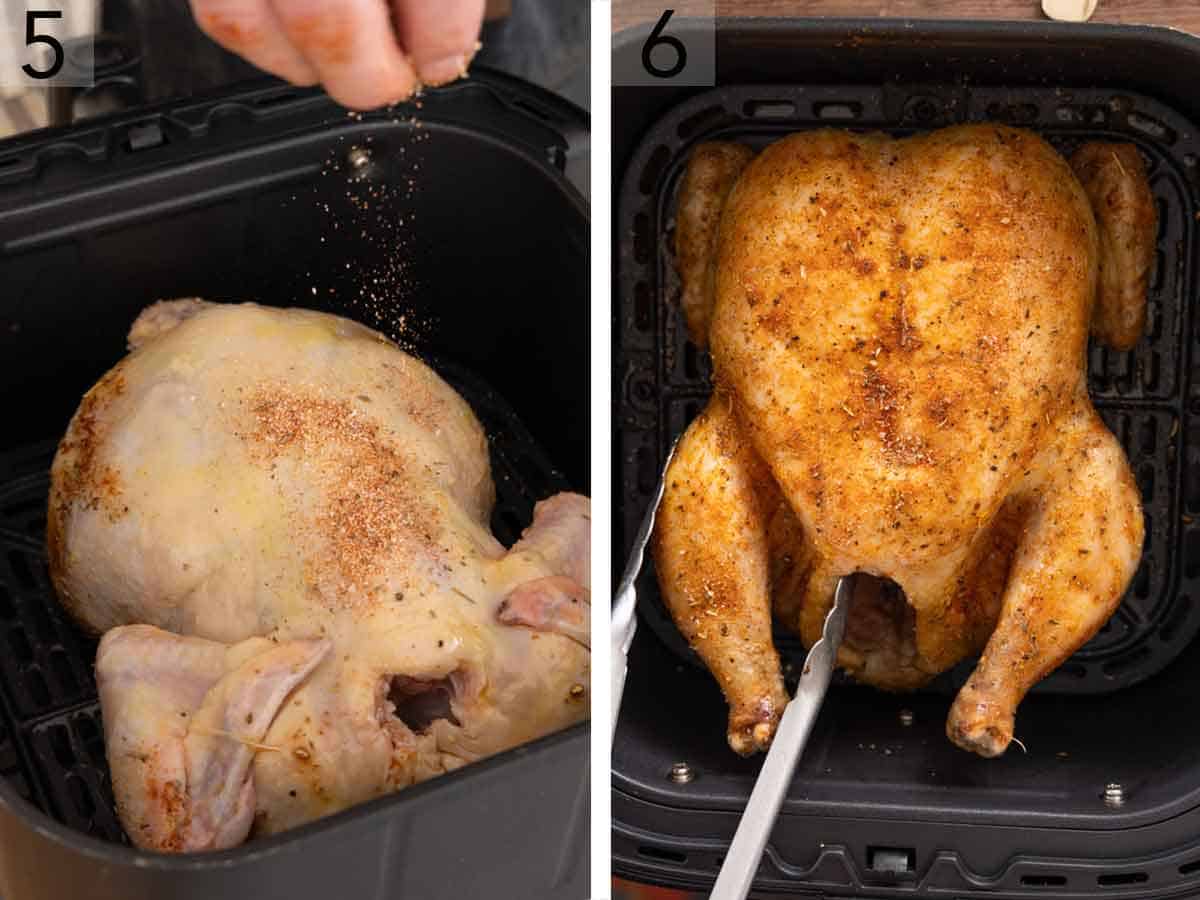 Set of two photos showing more seasoning added and the chicken flipped halfway through air frying.