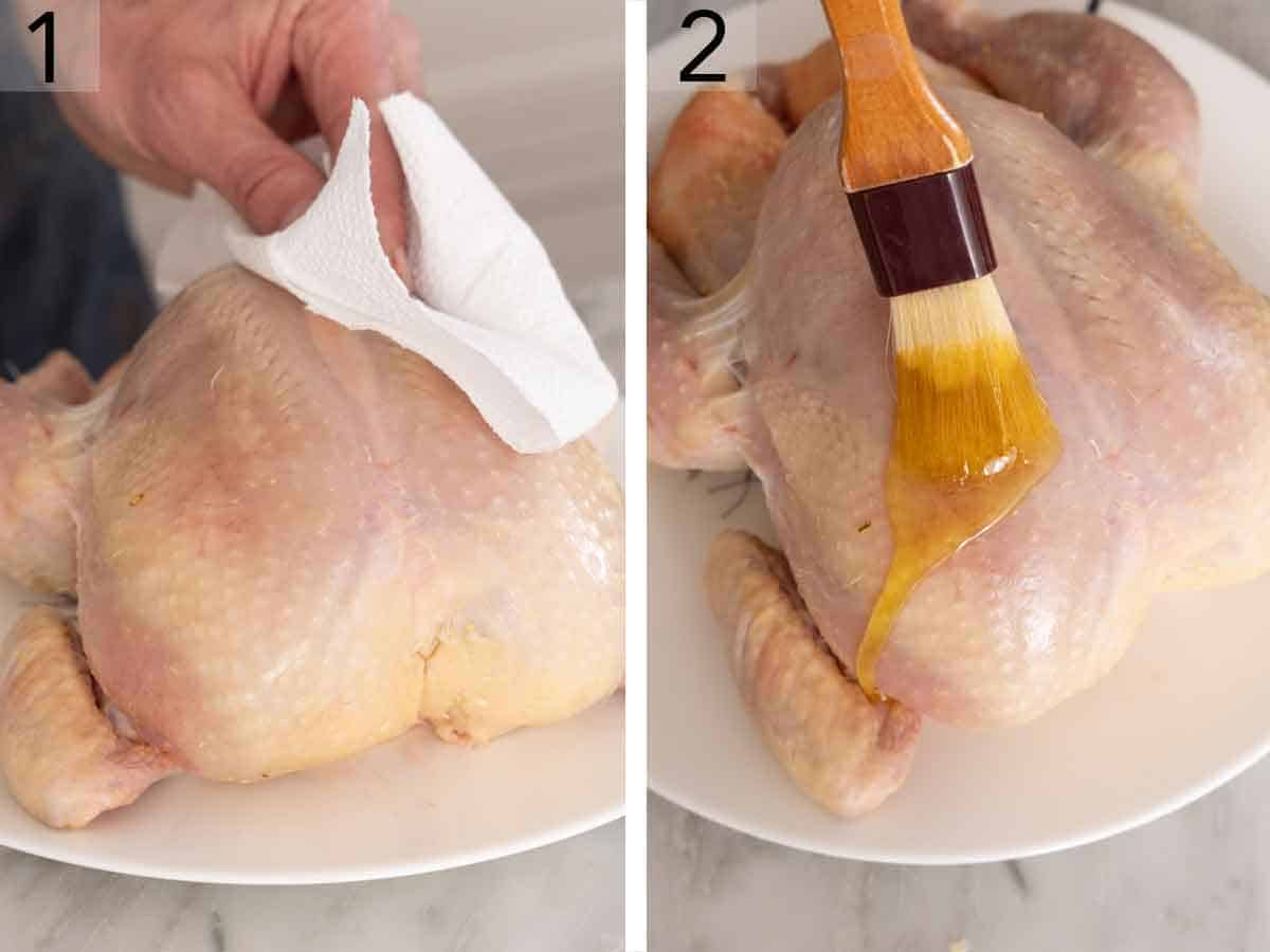 Set of two photos showing a whole chicken pat dry with a paper towel then brushed with oil.