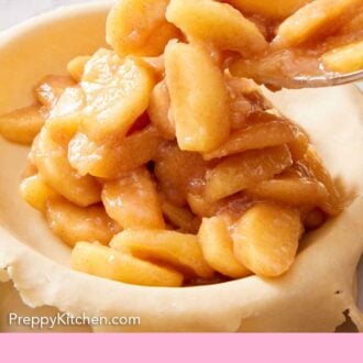 Pinterest graphic of apple pie filling poured into a pie crust.