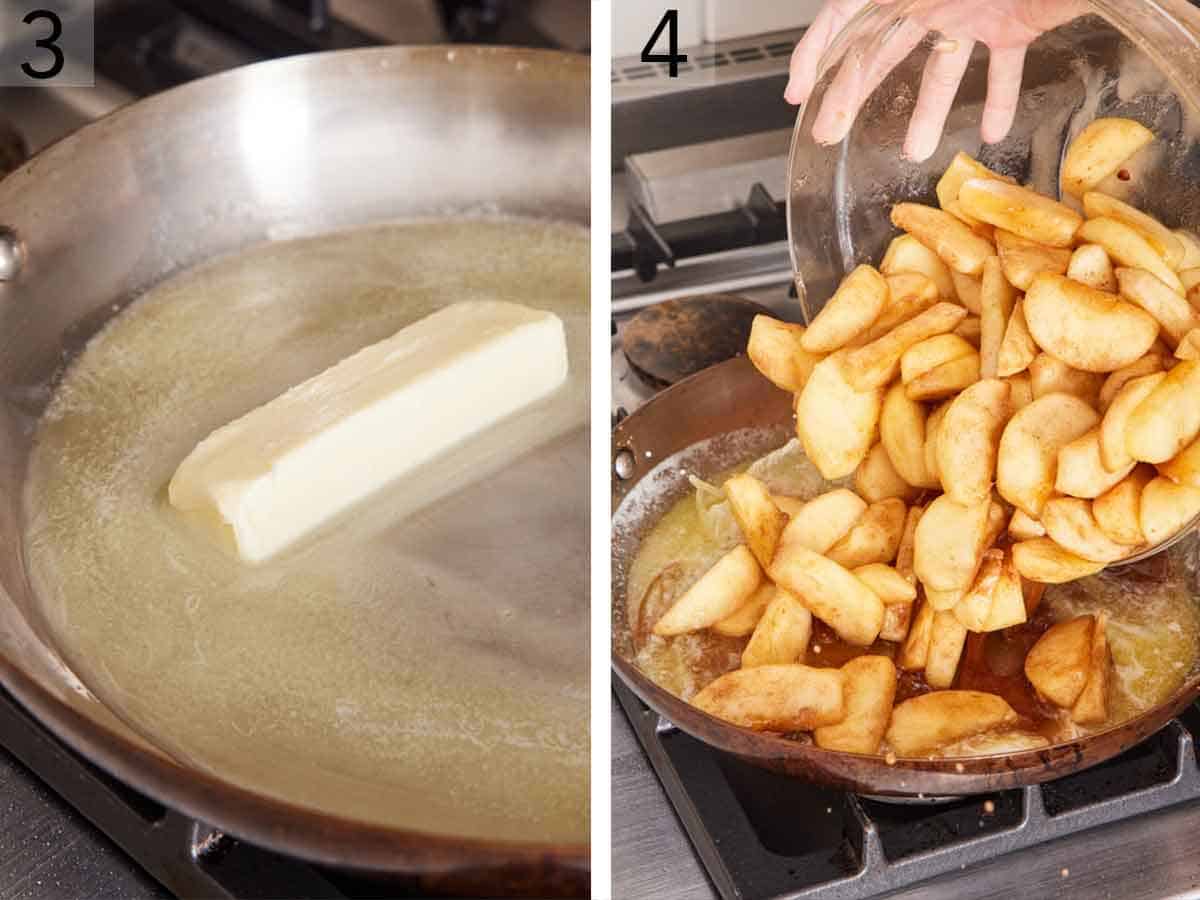 Set of two photos showing butter melted in a skillet and apples added.