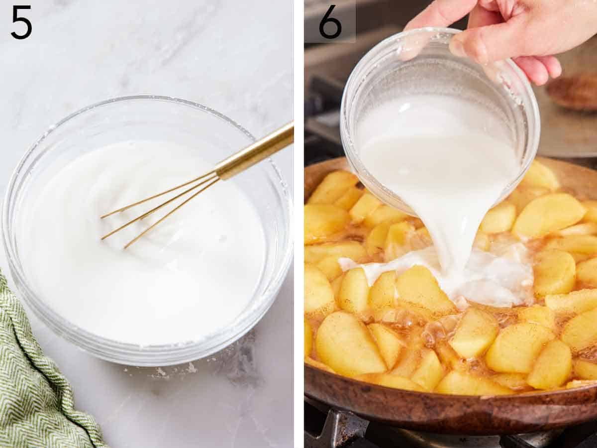 Set of two photos showing cornstarch mixture whisked and poured into the skillet.