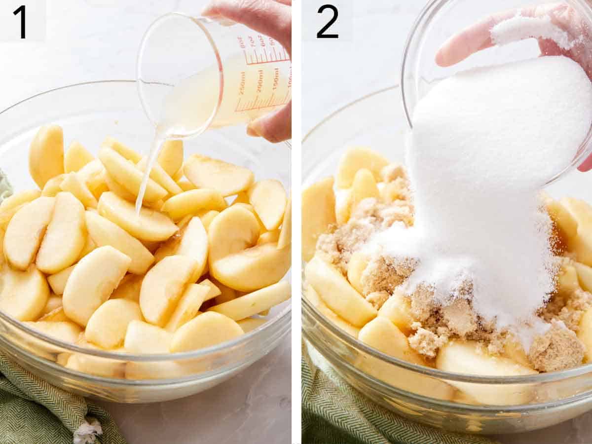 Set of two photos showing lemon juice and sugar added to sliced apples.