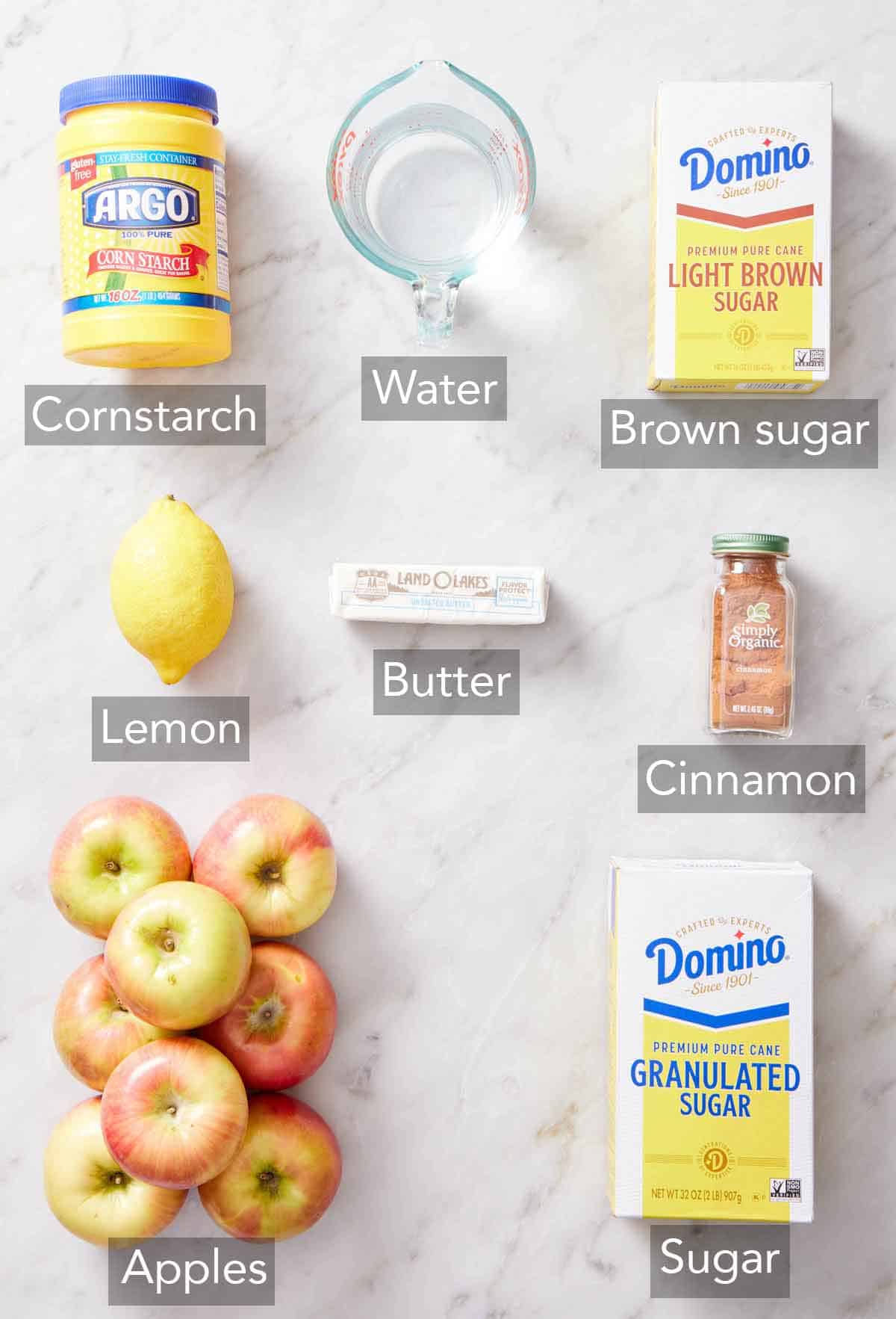 Ingredients needed to make apple pie filling.
