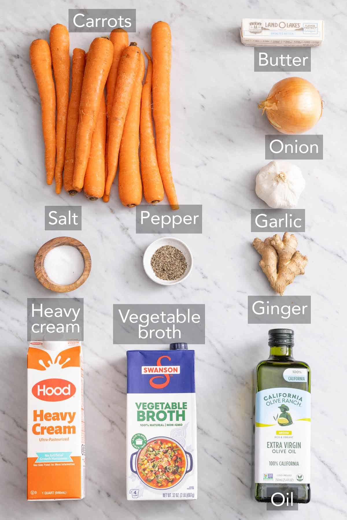 Ingredients needed to make carrot soup.