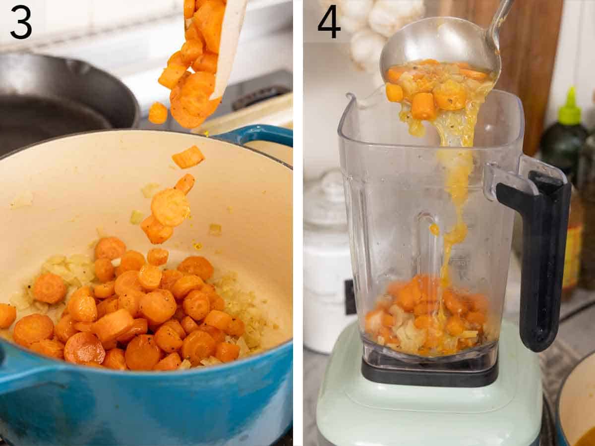 Set of two photos showing carrots added to the pot then everything scooped into a blender.