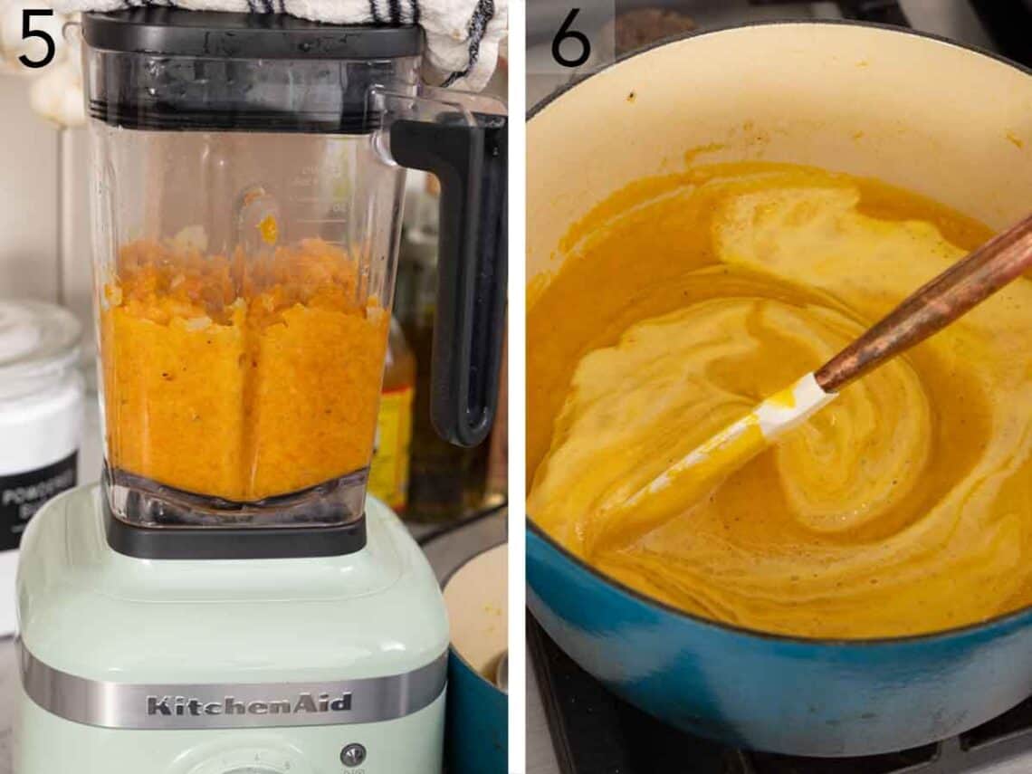 Set of two photos showing the mixture blended in a blender and then mixed with cream in a pot.