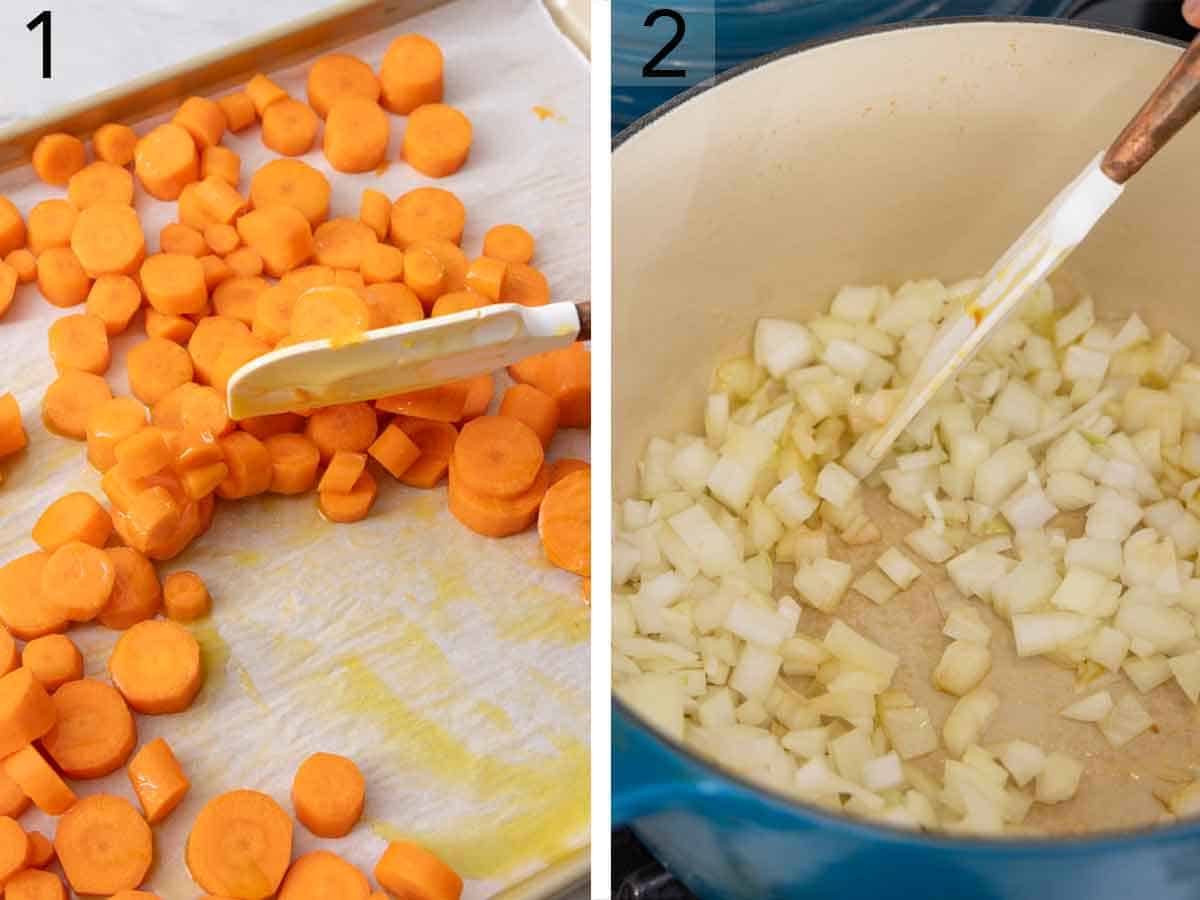 Set of two photos showing carrots mixed on a sheet pan and onions cooked in a pot.
