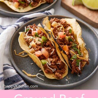 Pinterest graphic of a plate with two ground beef tacos topped with cheese, pico de gallo, and cilantro. A second plated serving in the background.