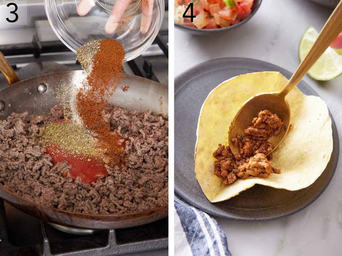 Set of two photos showing seasoning added to the skillet and then cooked meat added to a tortilla.