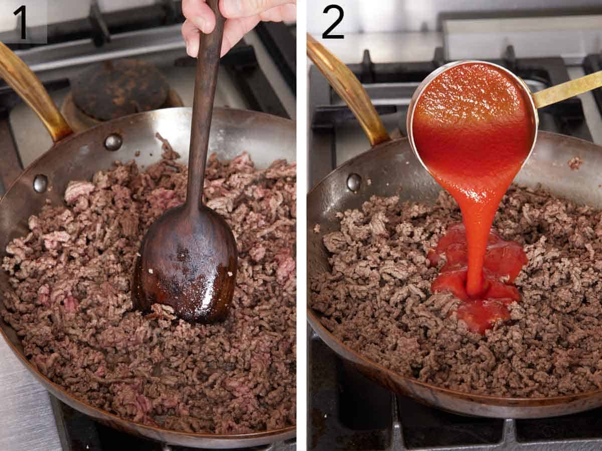 Set of two photos showing ground beef cooked in a skillet and tomato sauce added.