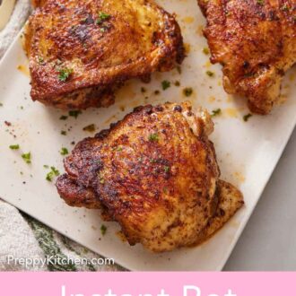 Pinterest graphic of a platter with four Instant Pot chicken thighs topped with chopped parsley.