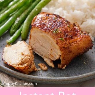 Pinterest graphic of an Instant Pot chicken thigh cut on a plate with rice and green beans.