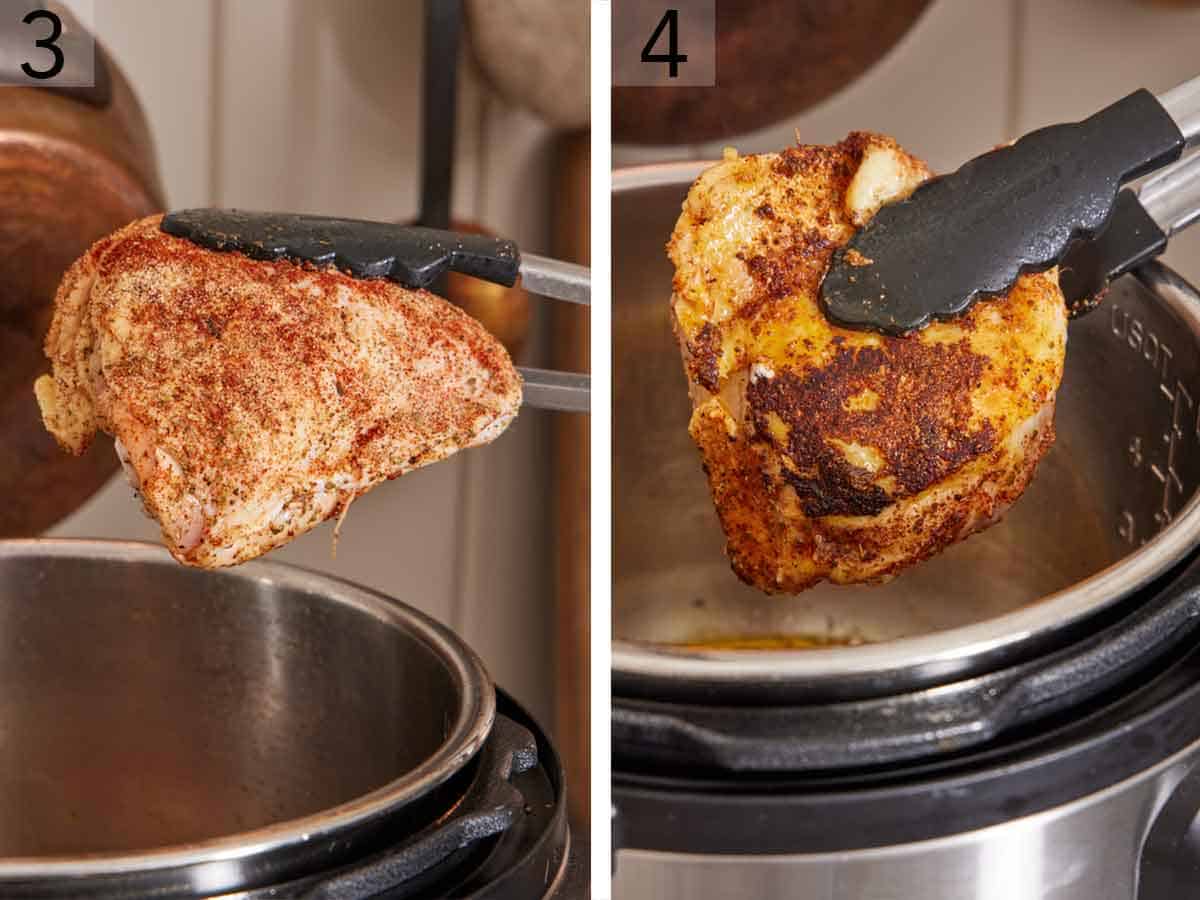 Set of two photos showing chicken added to the Instant Pot to sear.