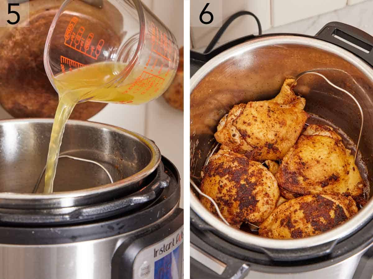 Set of two photos showing chicken broth added to the pressure cooker and chicken added back into the pot.