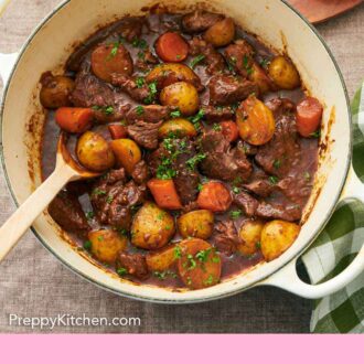 Pinterest graphic of a pot of lamb stew with a spoon.
