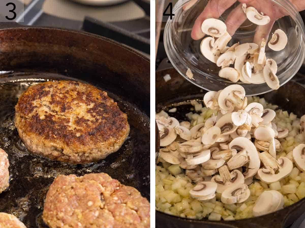 Set of two photos showing beef seared on a skillet and then mushrooms added to a skillet of onions.