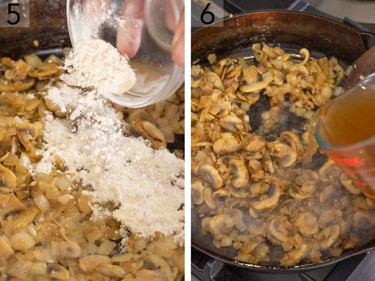 Set of two photos showing flour and beef stock added to the skillet.