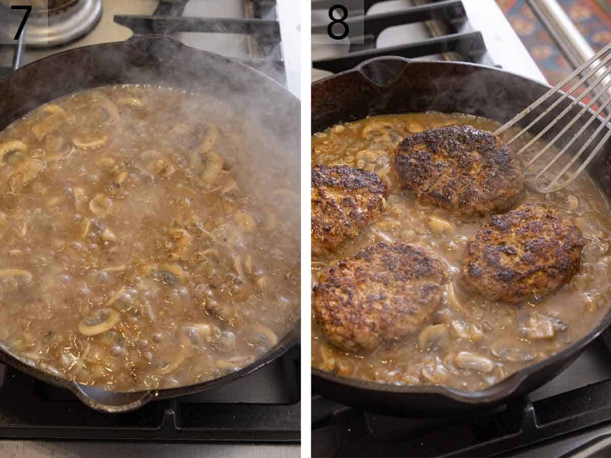 Set of two photos showing gravy simmering in a skillet and the steaks added to the skillet.