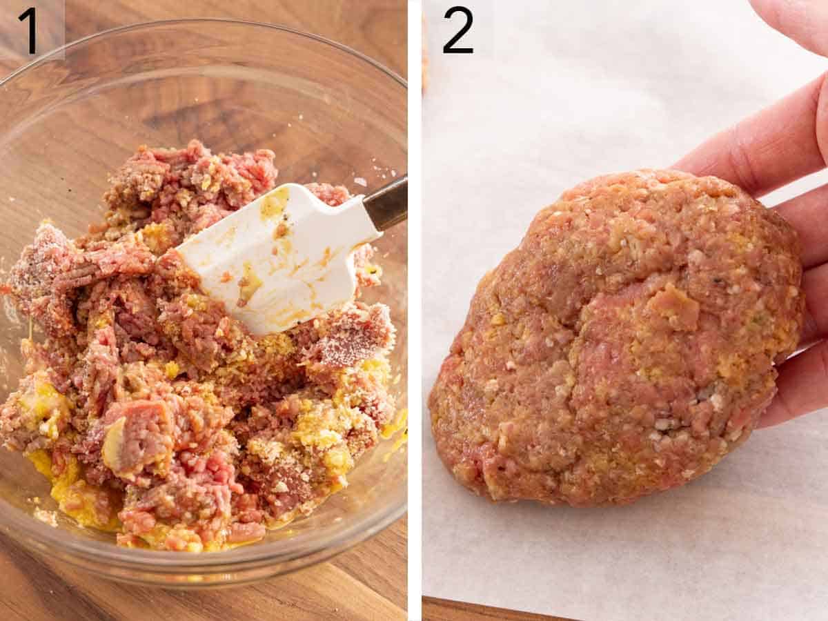 Set of two photos showing meat mixture mixed and shaped.