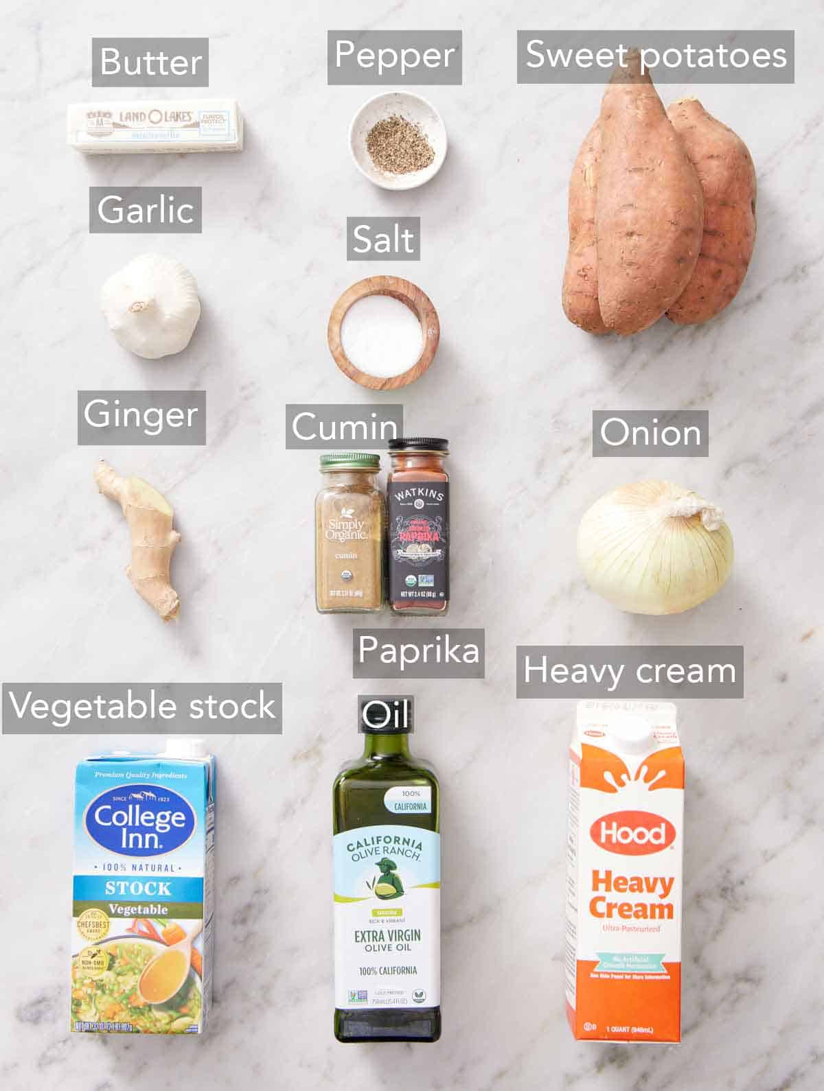 Ingredients needed to make sweet potato soup.