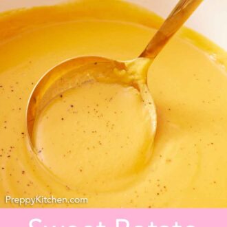 Pinterest graphic of a ladle scooping sweet potato soup from a pot.