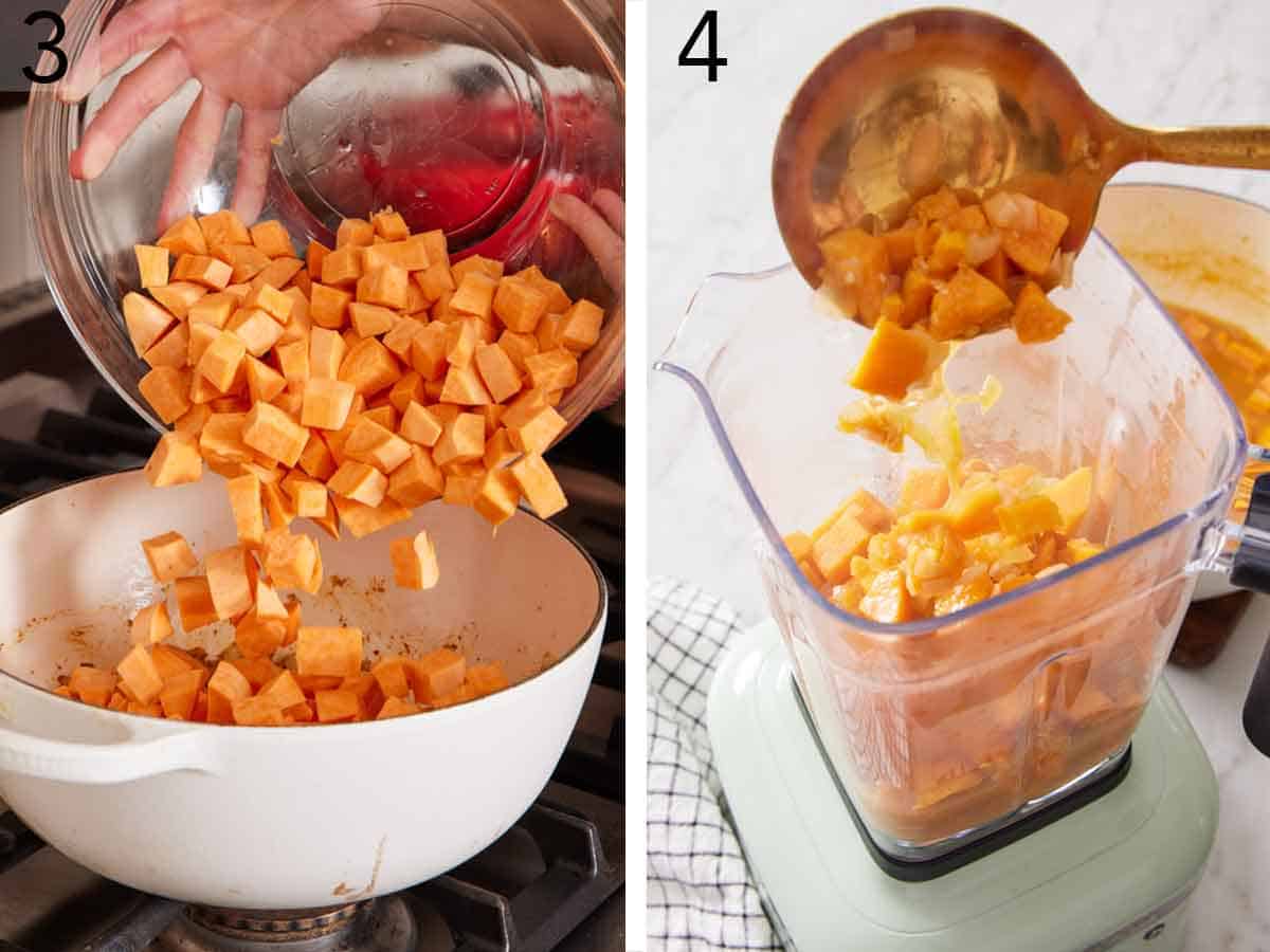 Set of two photos showing sweet potatoes added to the pot then everything spooned into a blender.