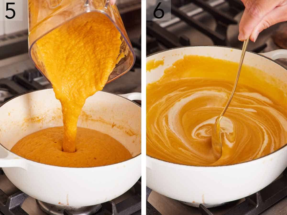 Set of two photos showing blended soup poured into the pot and cream stirred in.