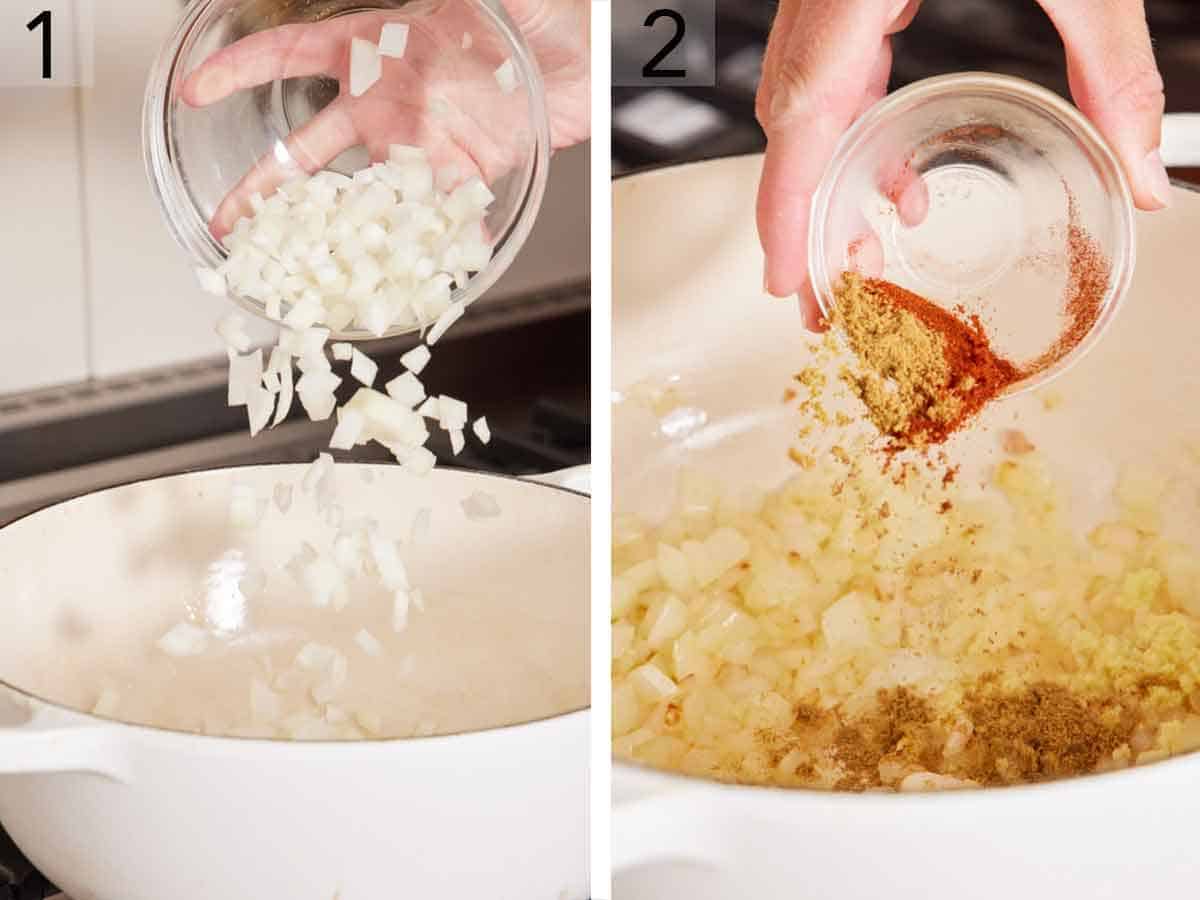 Set of two photos showing onions and seasoning added to a pot.