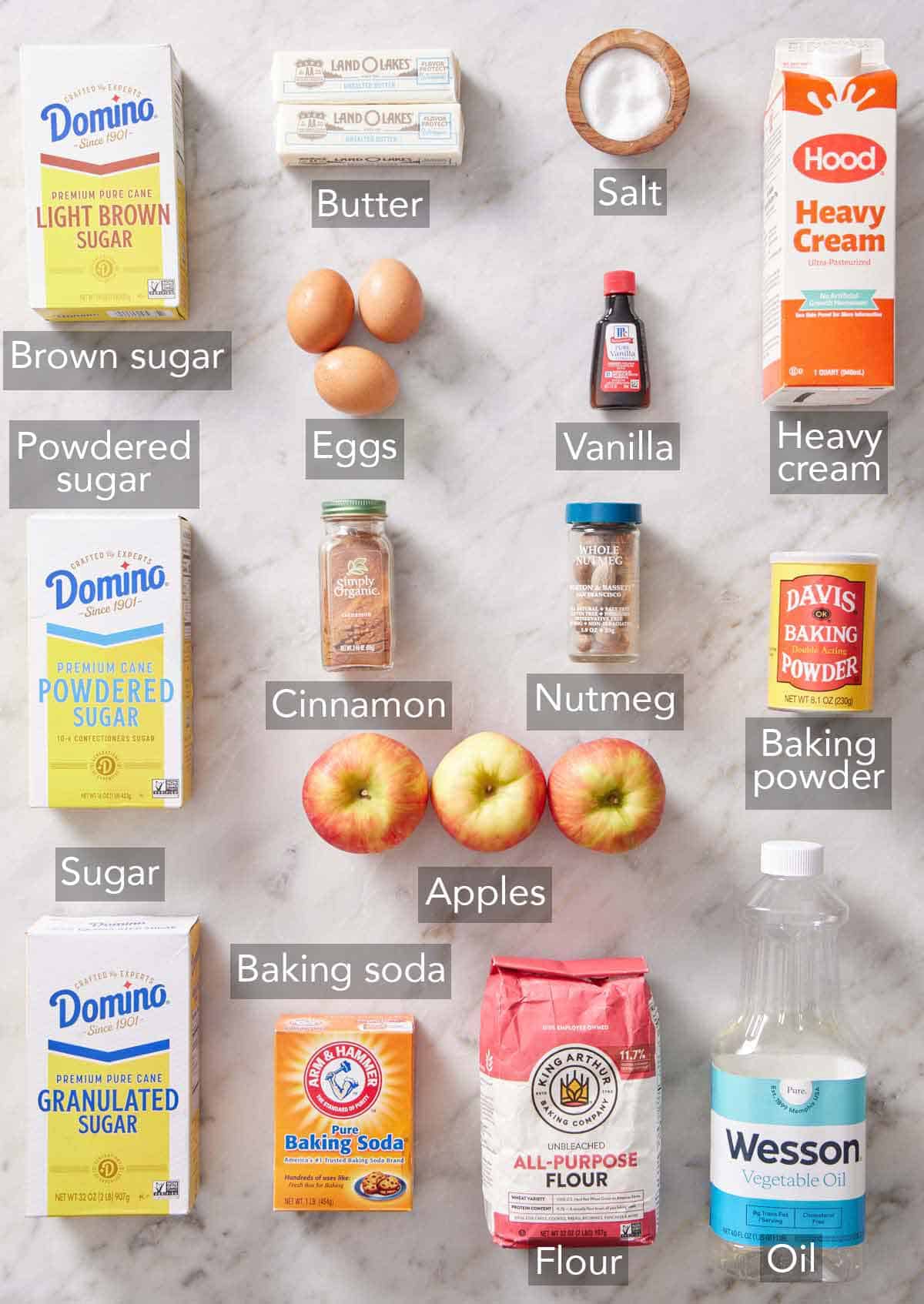 Ingredients needed to make a caramel apple cake.