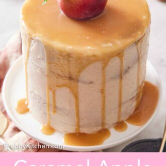Pinterest graphic of a caramel apple cake topped with an apple with caramel dripping down the sides on a cake stand.