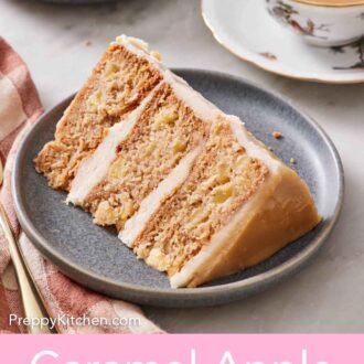 Pinterest graphic of a plate with a slice of caramel apple cake on its side. Coffee in the background.