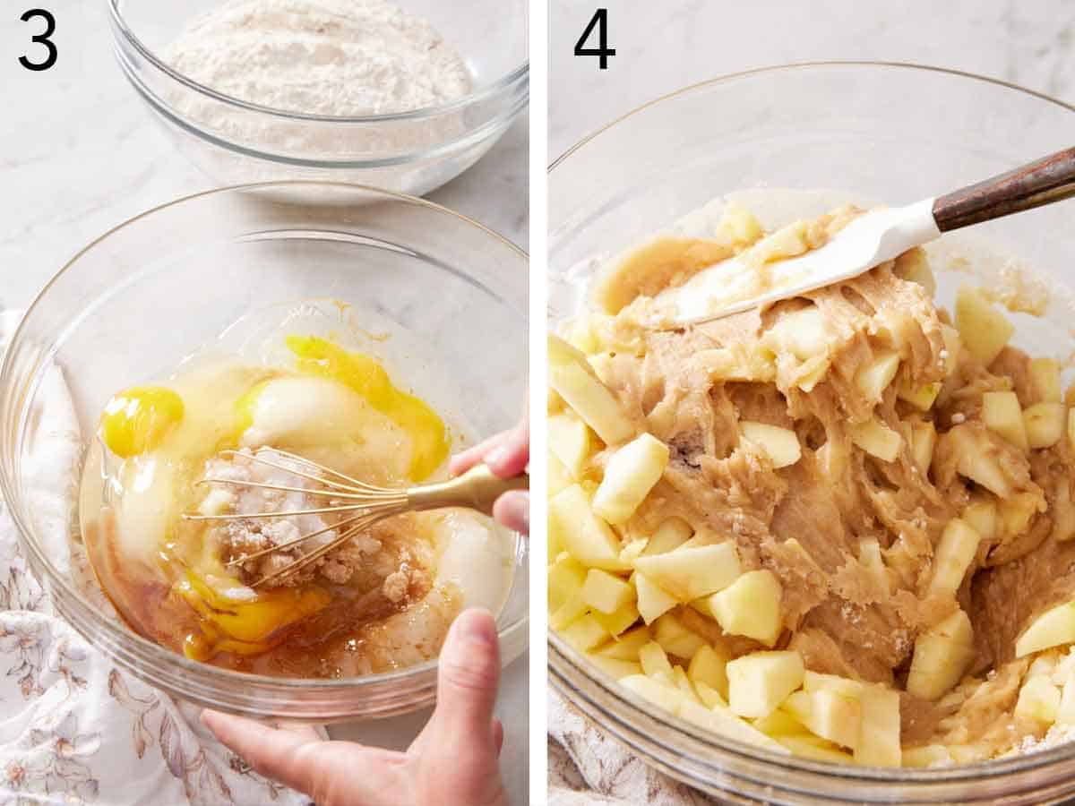 Set of two photos showing batter whisked and apples added.