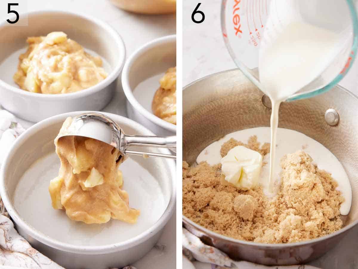 Set of two photos showing batter scooped into a baking dish and heavy cream poured into a pot of brown sugar.