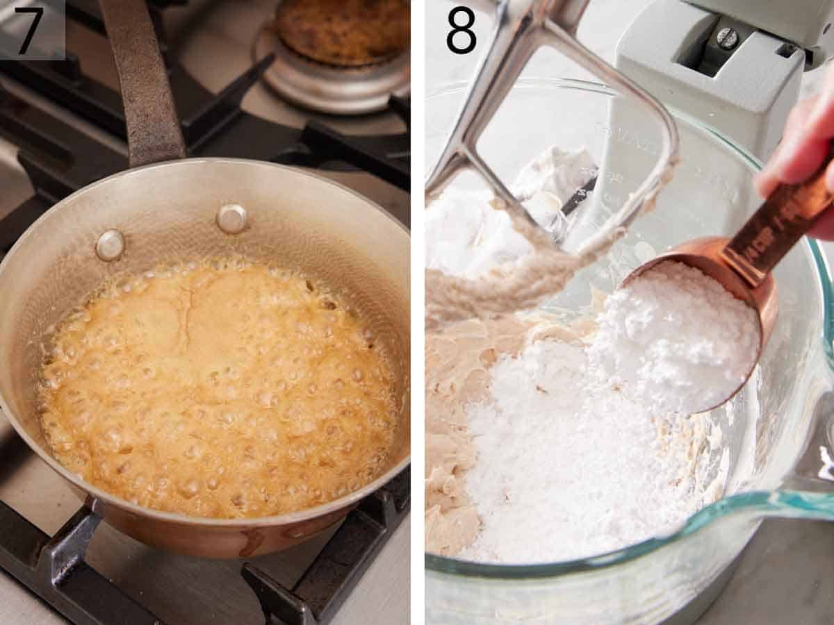 Set of two photos showing caramel bubbling in a pot and powdered sugar added to a mixer.