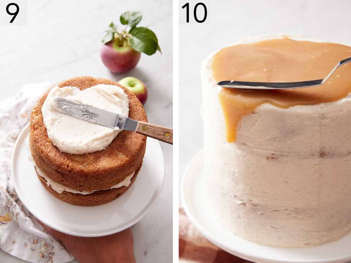 Set of two photos showing frosting spread over a cake and caramel spread on top.